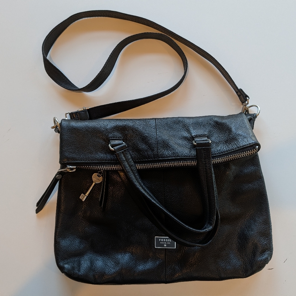 Fossil Dawson Foldover Pebbled  Leather Bag Black